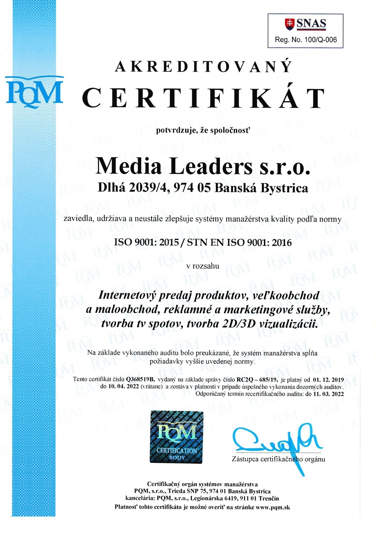 certificat ISO 9001 media leaders sro