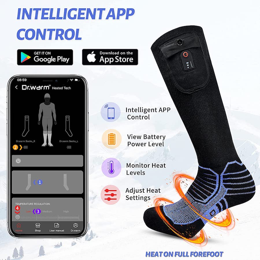 Șosete electrice încălzite - controlat prin aplicația mobilă pentru smartphone