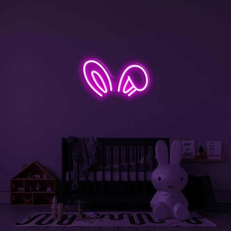 Logo neon strălucitor 3D pe un perete - urechi de iepuraș