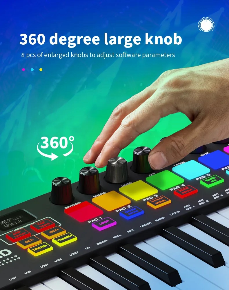 Tastatură de pian MIDI cu pad-uri pentru tobe