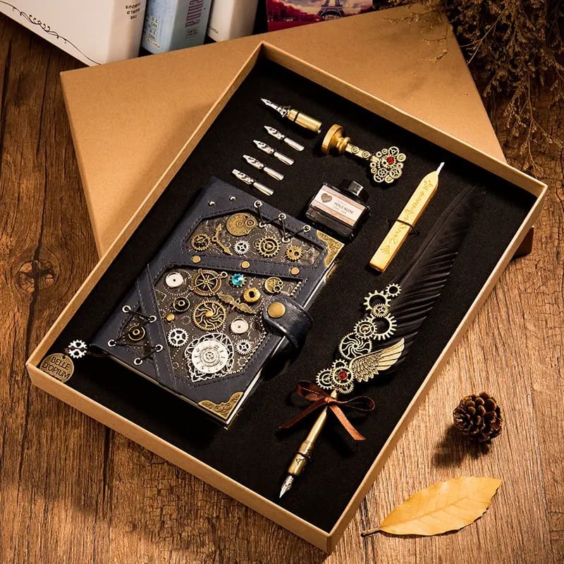 Caiet Steampunk + pix cu pene - set exclusiv de pixuri cadou de lux