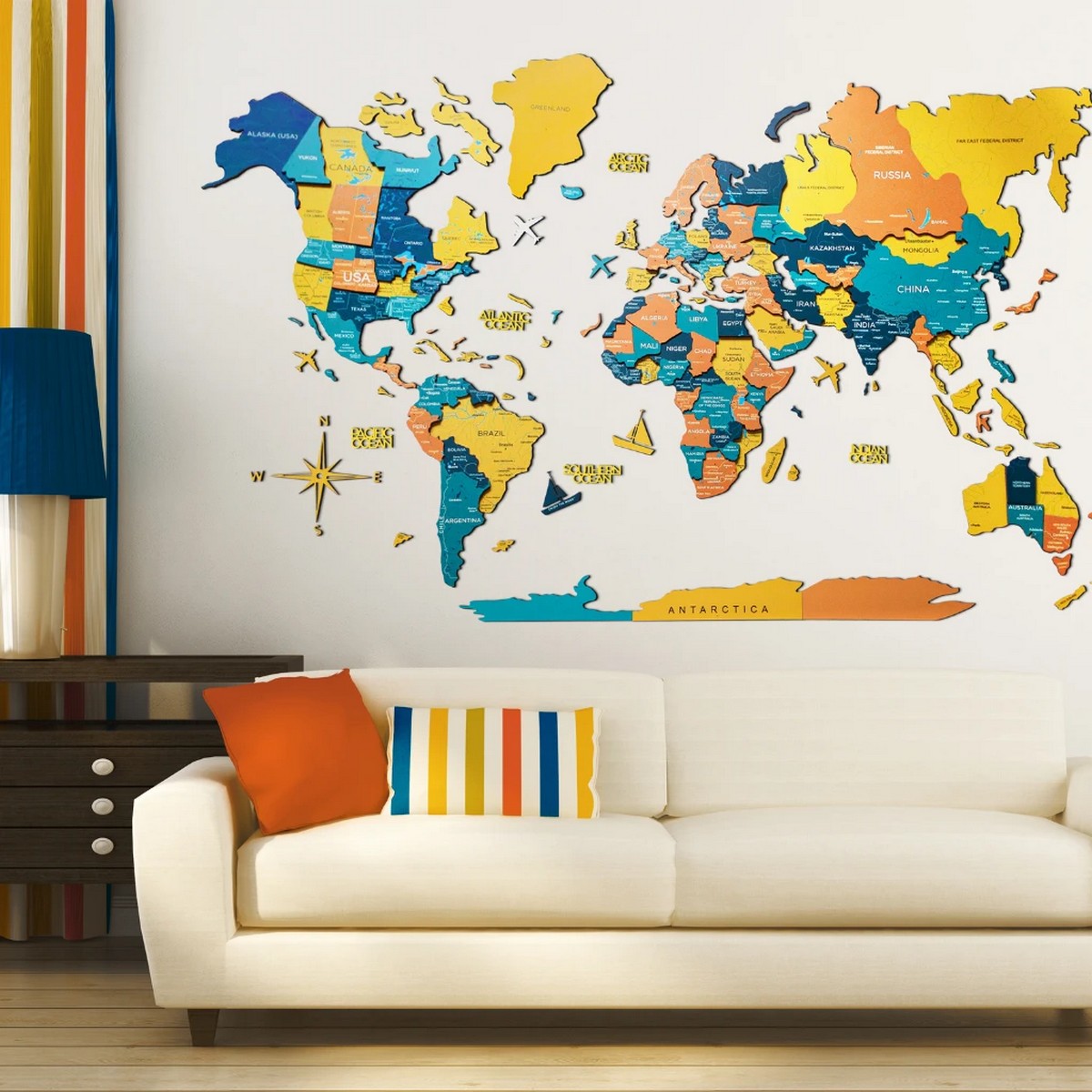hartă color pe perete de lemn 3d