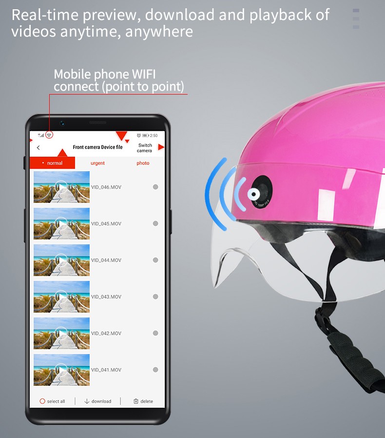 Conexiune wifi camera cască de motocicletă prin intermediul aplicației smartphone