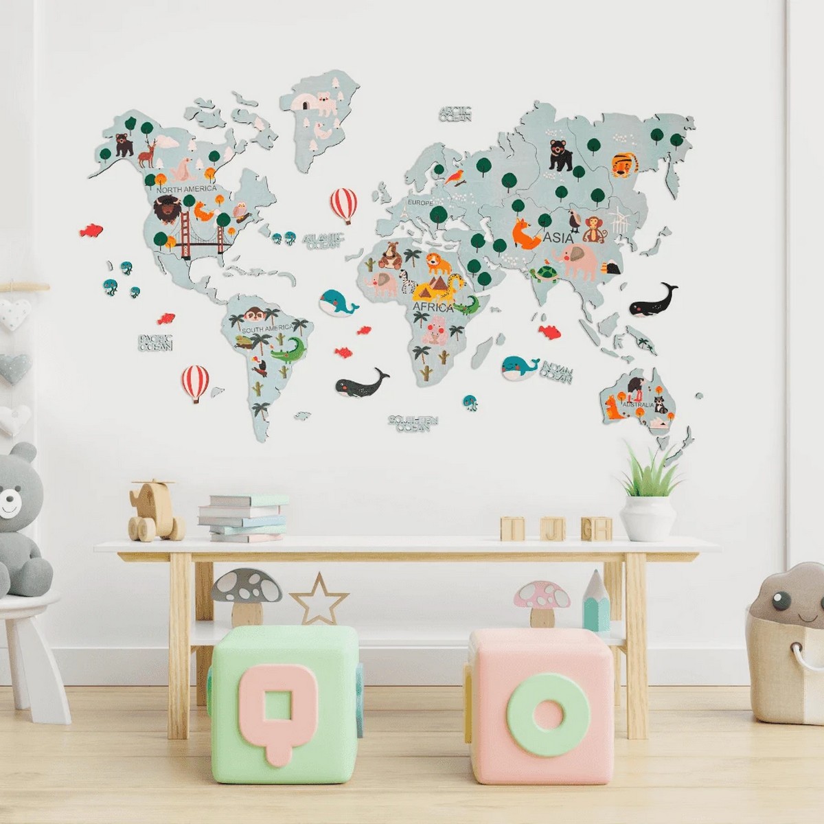 harta lumii 2d din lemn pentru copii pe perete