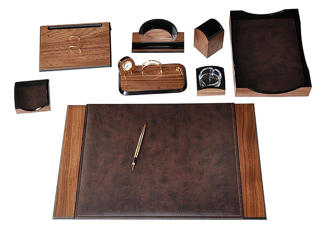 accesoriu birou - set masa birou piele si lemn