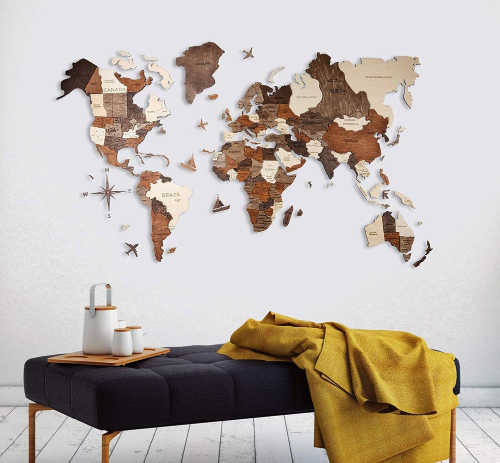 Tablouri 3D pe harta lumii din lemn de perete
